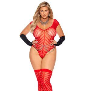 Sexy Queen Red Chevron Striped Crochet Deep V Teddy with Thigh High Stockings